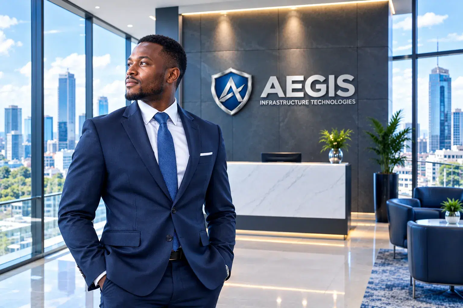 Aegis executive in a modern corporate lobby
