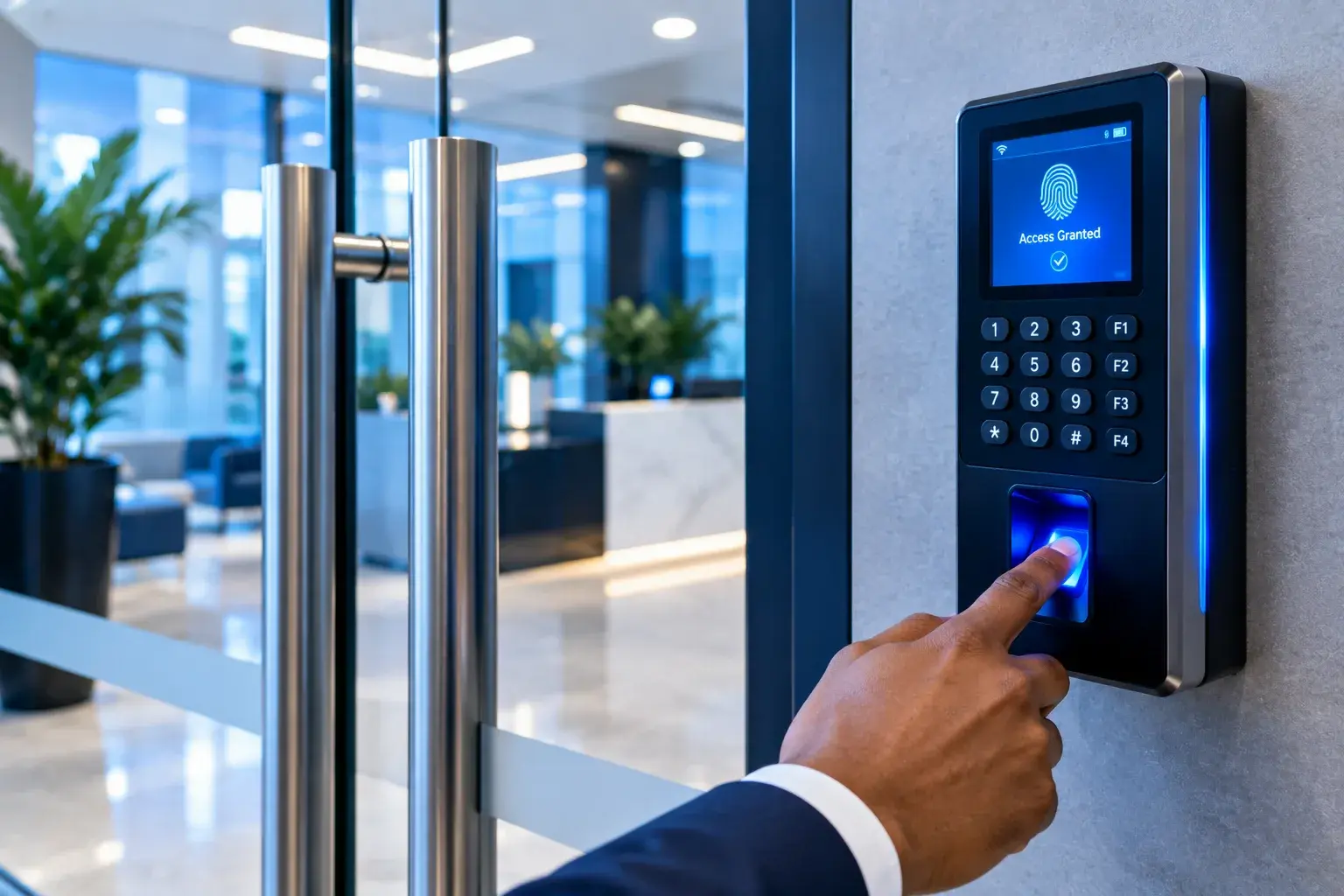 Access control card reader at a secured entrance
