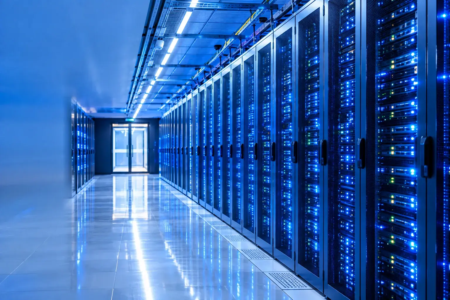Data center server aisle with enterprise networking racks