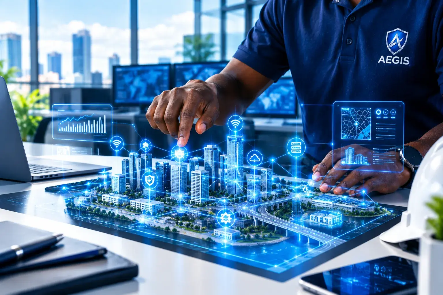 Engineer interacting with a connected infrastructure interface