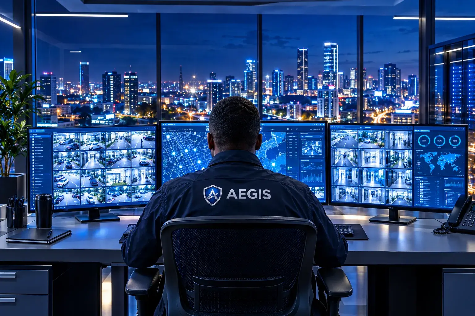 Security operator monitoring an integrated operations center overlooking the city