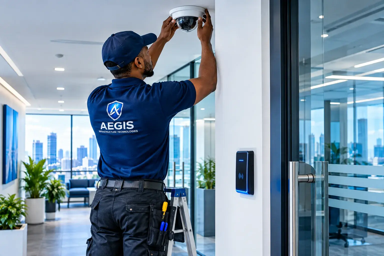 Aegis technician installing CCTV and access control hardware