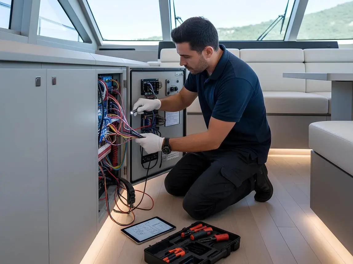 Marine engineer working on an onboard electrical distribution panel